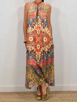 Women's Colorful Ethnic Collage Art Print Sleeveless Pocket Dress