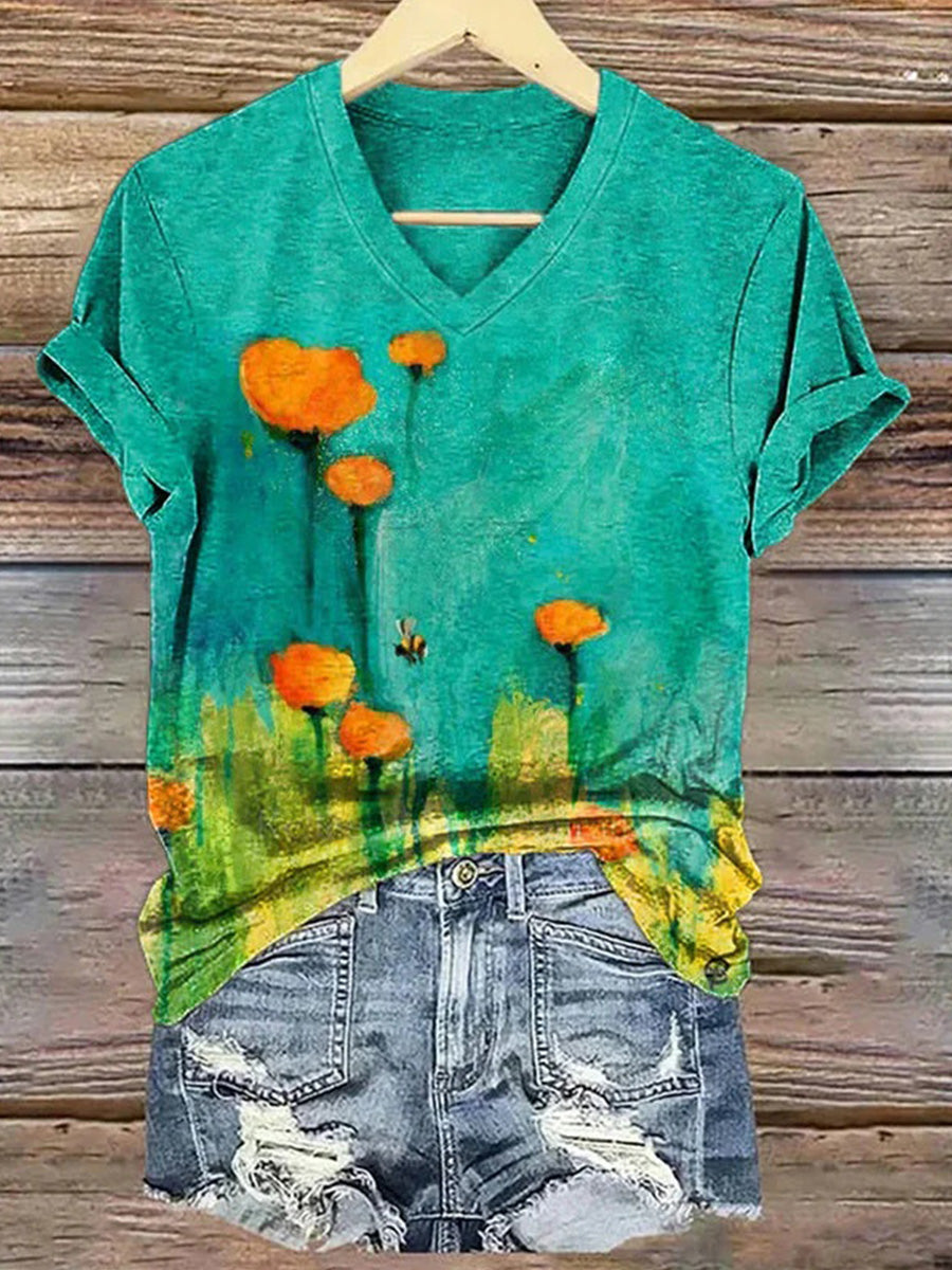 LilyWish Vintage Floral Print V-neck Short Sleeve T-Shirt