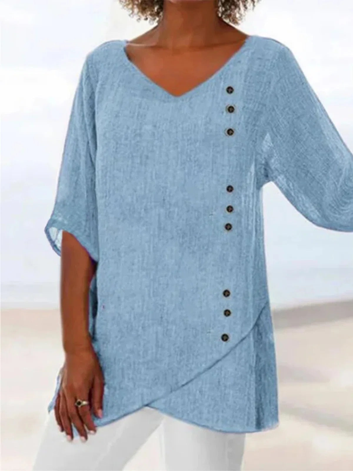 LilyWish Women's Blue V-Neck 3/4 Sleeve Button-Trim Asymmetrical Hem Blouse