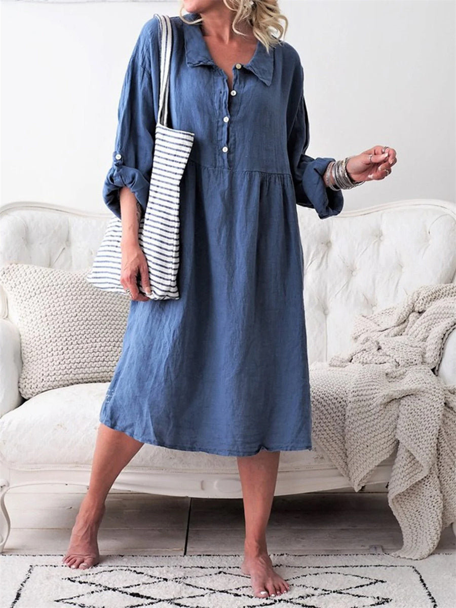 Women's Long Sleeve Button-Down Shirt Midi Dress