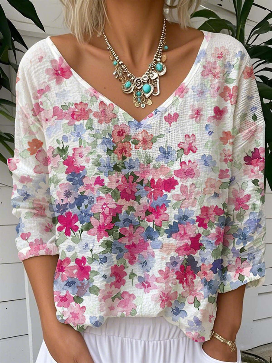 LilyWish Vintage Floral Art Print V Neck Long Sleeve T-shirt