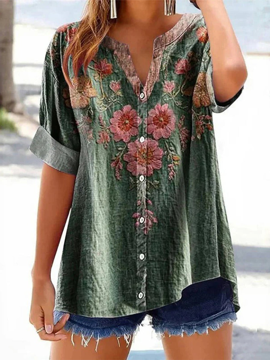 LilyWish Vintage Floral Print V-neck Short Sleeve Blouse