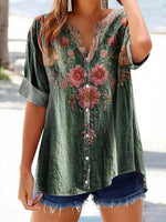 LilyWish Vintage Floral Print V-neck Short Sleeve Blouse