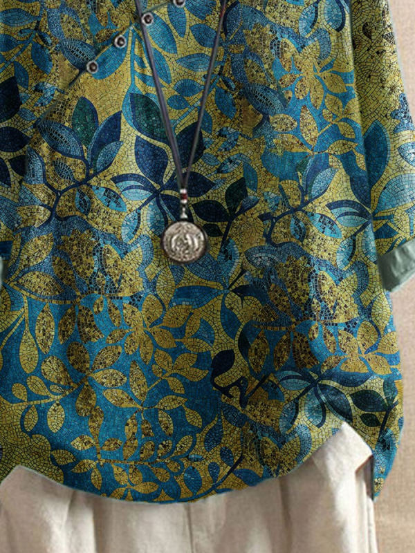 Women's Vintage Leaf Print Half Sleeve Loose Fit Casual Blouse