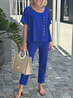 Fresh Blue Round Neck Short Sleeve Two Piece Set