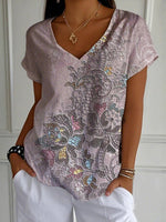 LilyWish Vintage Floral Print V-neck Short Sleeve T-Shirt