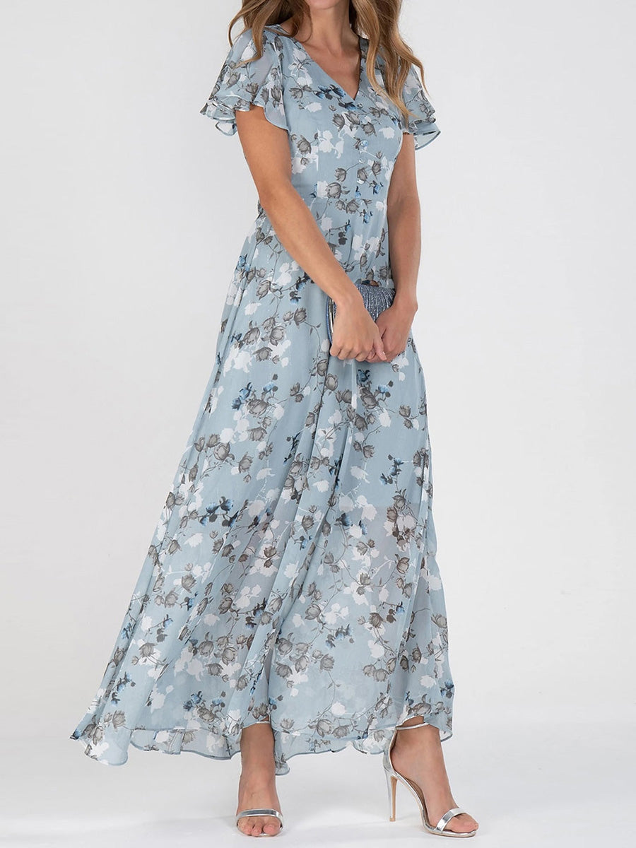 Elegant Floral Print V-neck Short Sleeve Maxi Dress