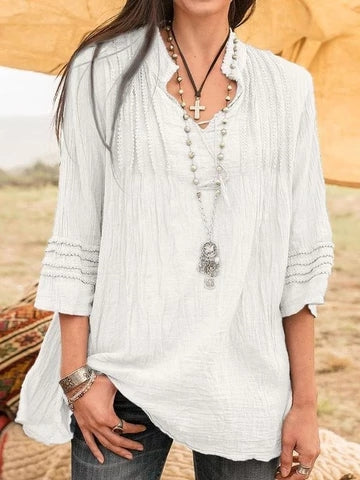 LilyWish Stand Collar Solid Lace Casual Boho 3/4 Sleeve Blouse
