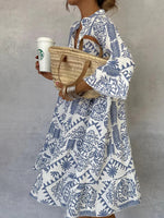 Blue V-Neck 3/4 Sleeve Mini Dress