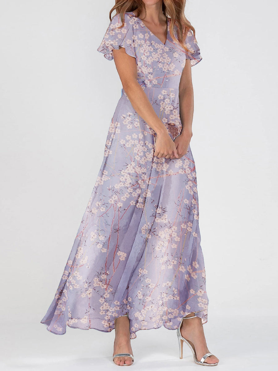 Elegant V-neck Short Sleeve Floral Print Maxi Dress