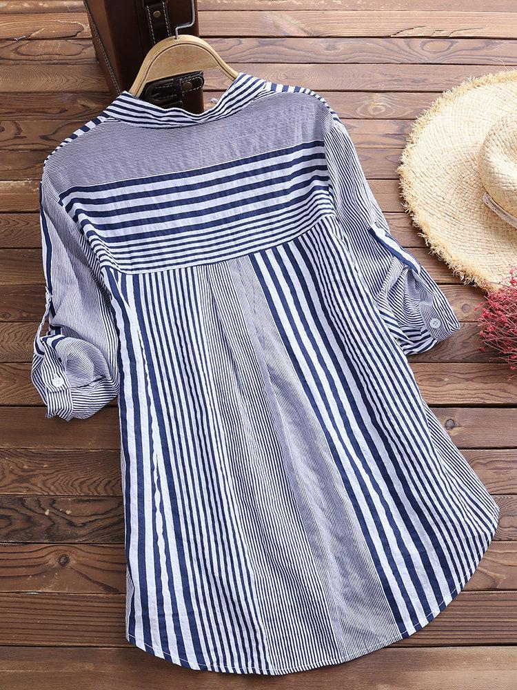 Women's Casual Striped 3/4 Sleeve Button-Down Blouse