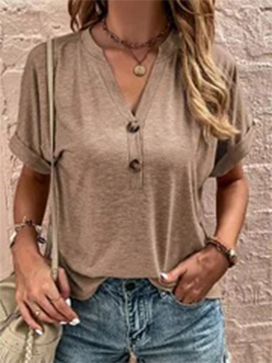 Women’s V-Neck Button Front Short Sleeve Casual Loose Top