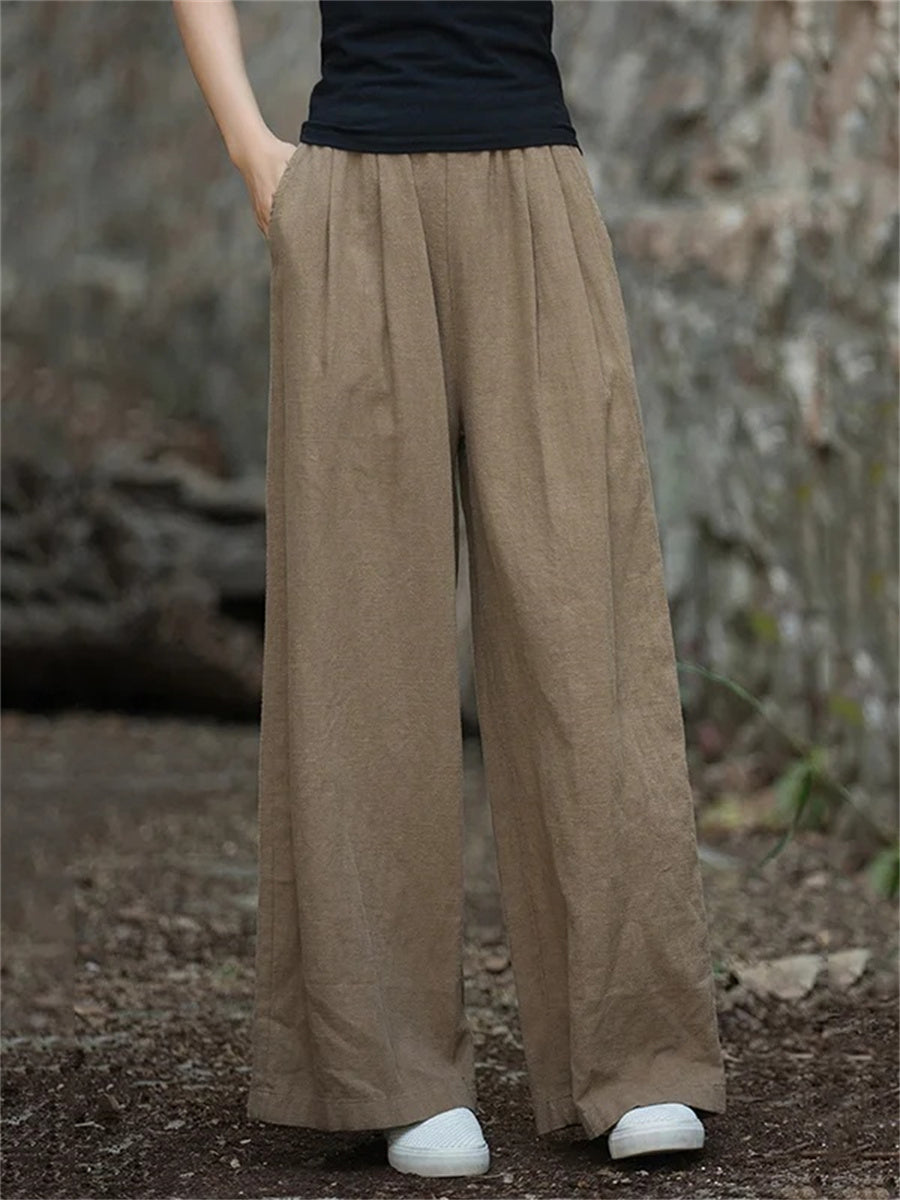 Loose Wide Leg Elasticity Pleated Pockets Solid Color Pants