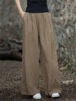 Loose Wide Leg Elasticity Pleated Pockets Solid Color Pants