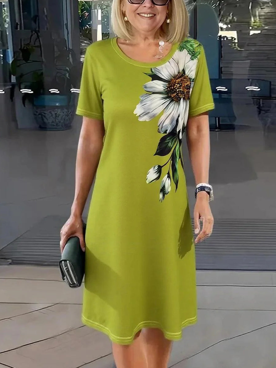 Green Floral Print Round Neck Short Sleeve Midi Dress
