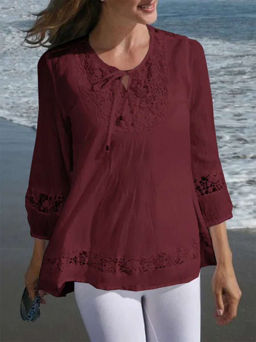 Casual Crew Neck3/4 Sleeve Lace Shirt