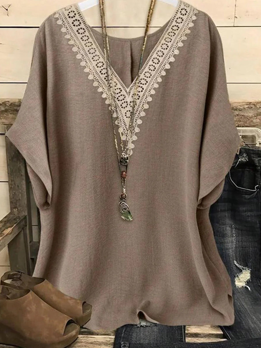 Brown V-Neck Half Sleeve Top