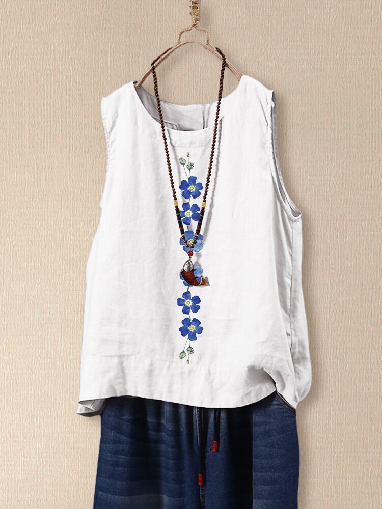 White Flower Printed Sleeveless Loose O-neck Tank Top