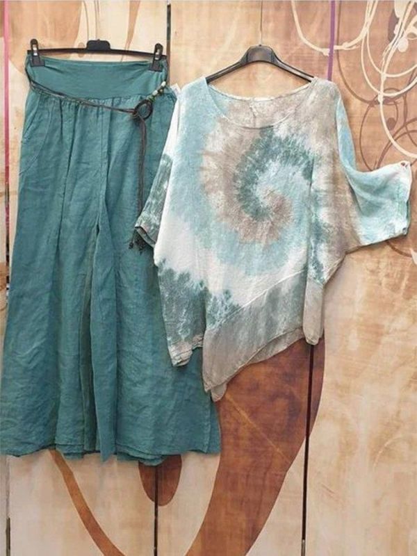 Green Casual Round Neck Printed Short Sleeve Outfit Sets