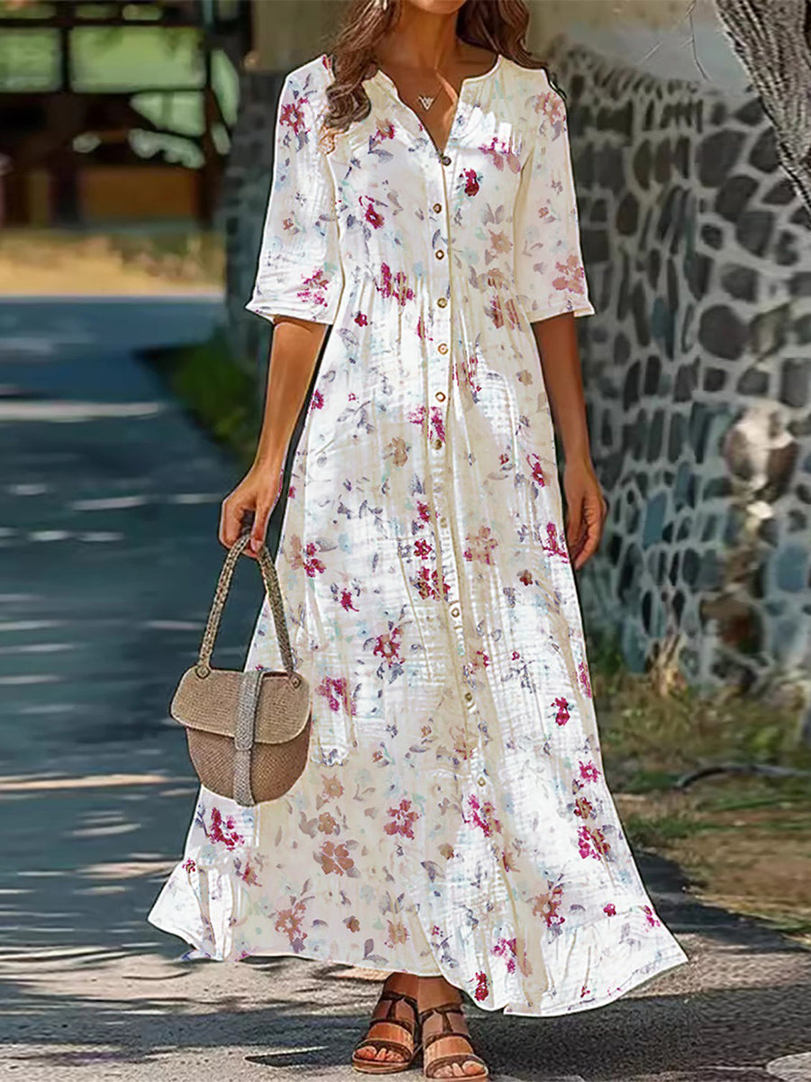Women¡¯s Elegant Floral Half Sleeve Button Front Maxi Dress