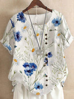 Floral Print Round Neck Short Sleeve White T-shirt