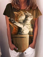 Brown Cat Printed Round Neck Short Sleeve Tops