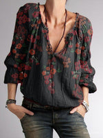 Black Floral Printed Long Sleeve V-neck Casual Blouse