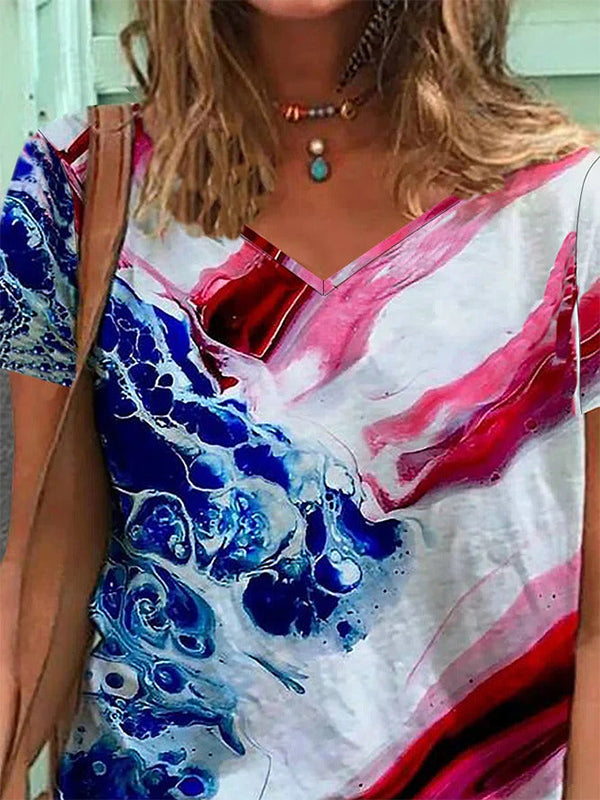 Casual V-neck Short Sleeve Abstract Printed Blouse