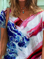 Casual V-neck Short Sleeve Abstract Printed Blouse