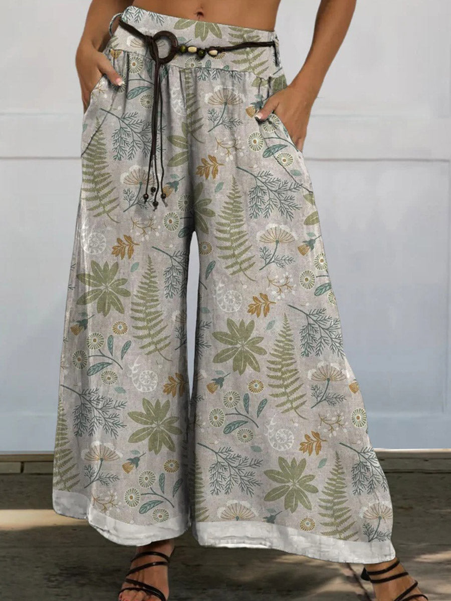Floral Printed Cotton And Linen Casual Wide-leg Pants