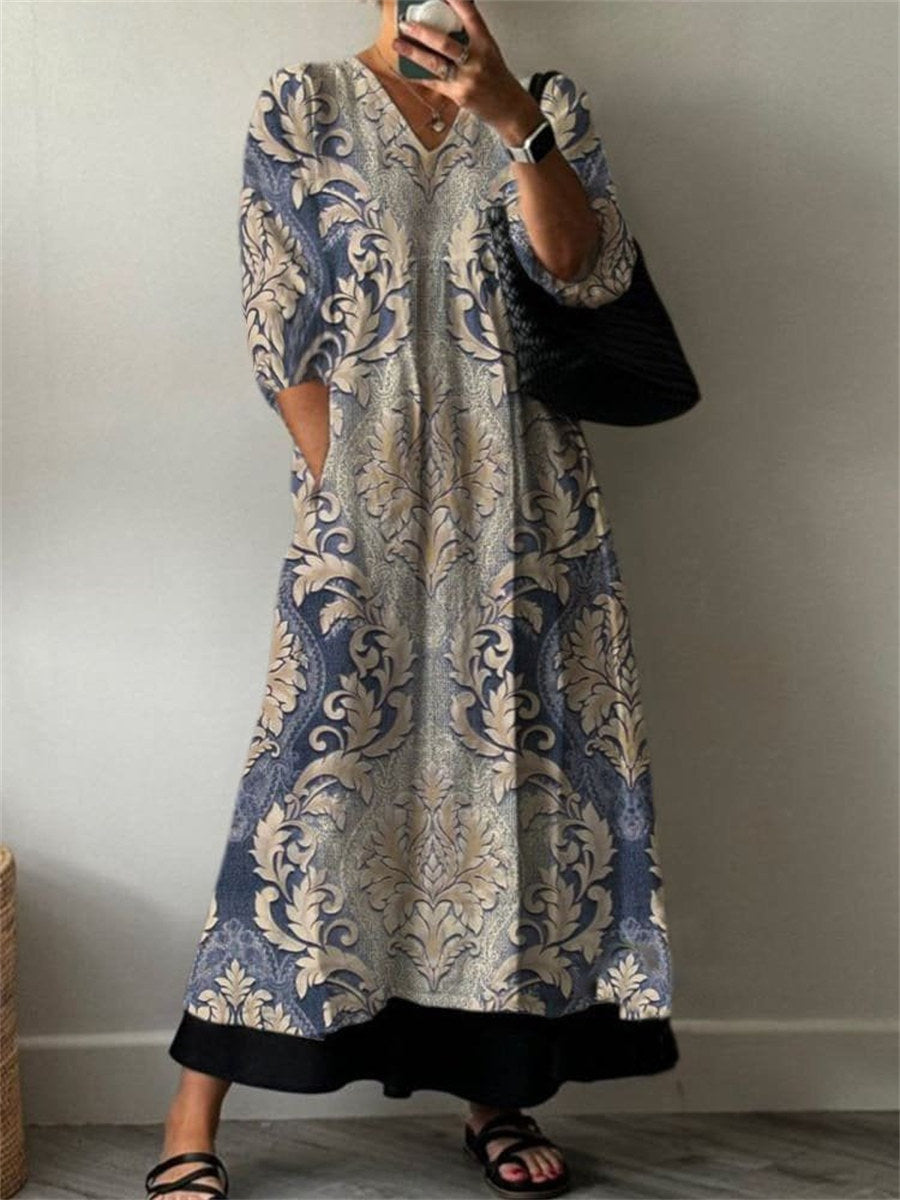 LilyWish Ethnic V Neck Long Sleeve Casual Maxi Dress