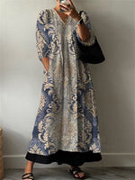 LilyWish Ethnic V Neck Long Sleeve Casual Maxi Dress