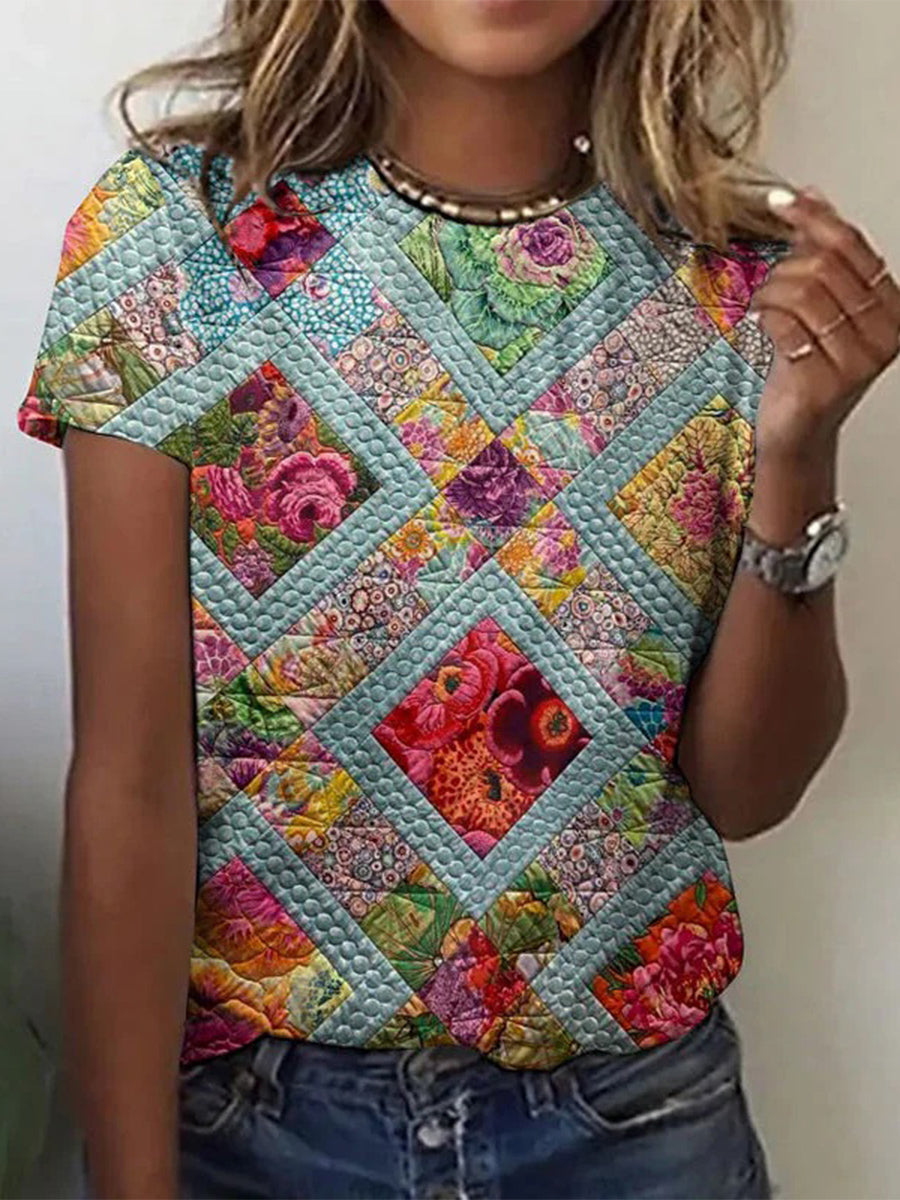 LilyWish Vintage Floral Print Round Neck Short Sleeve T-Shirt
