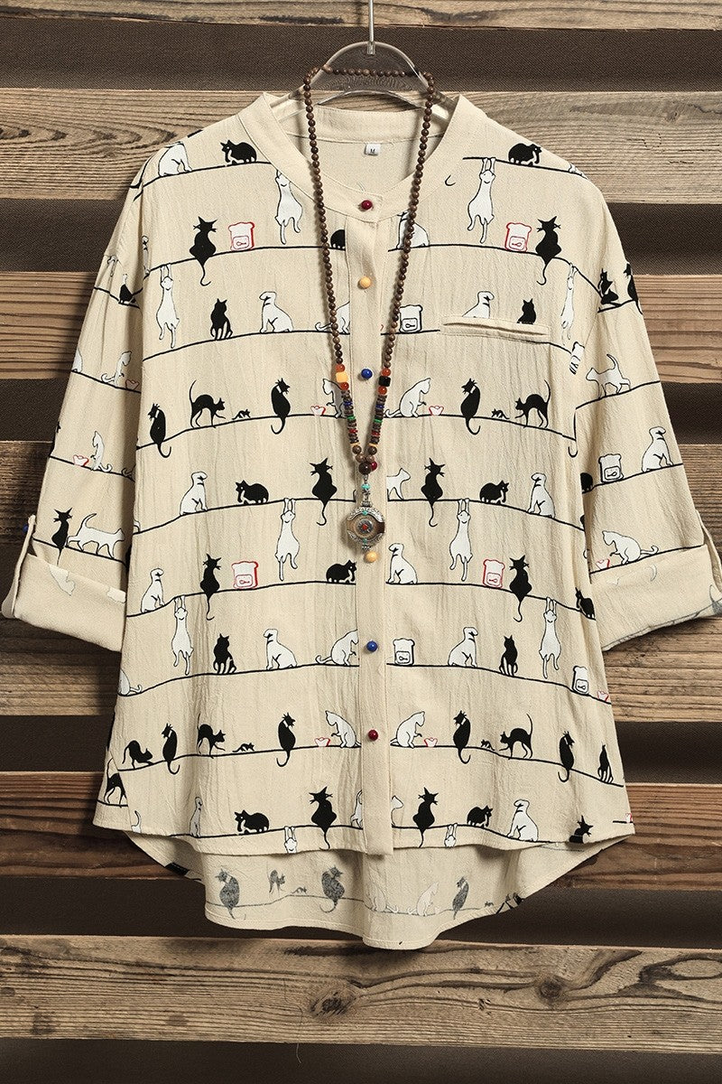 Women's Stand Collar Casual Summer 3/4 Sleeve Cat Print Shirt