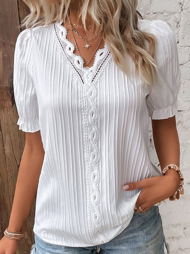LilyWish White Casual V Neck Solid Short Sleeve Blouse