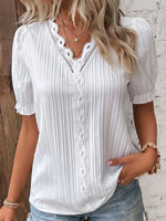 LilyWish White Casual V Neck Solid Short Sleeve Blouse