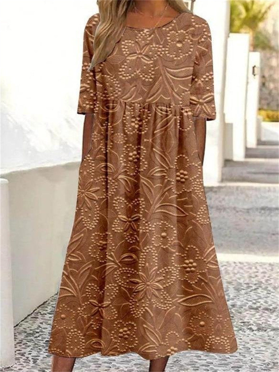 LilyWish Floral Print Crew Neck Half Sleeve Comfy Vintage Maxi Dress