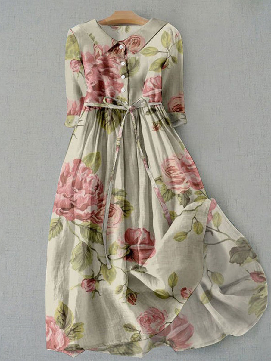 LilyWish Women's Vintage Floral Button Front Tie Waist Maxi Dress