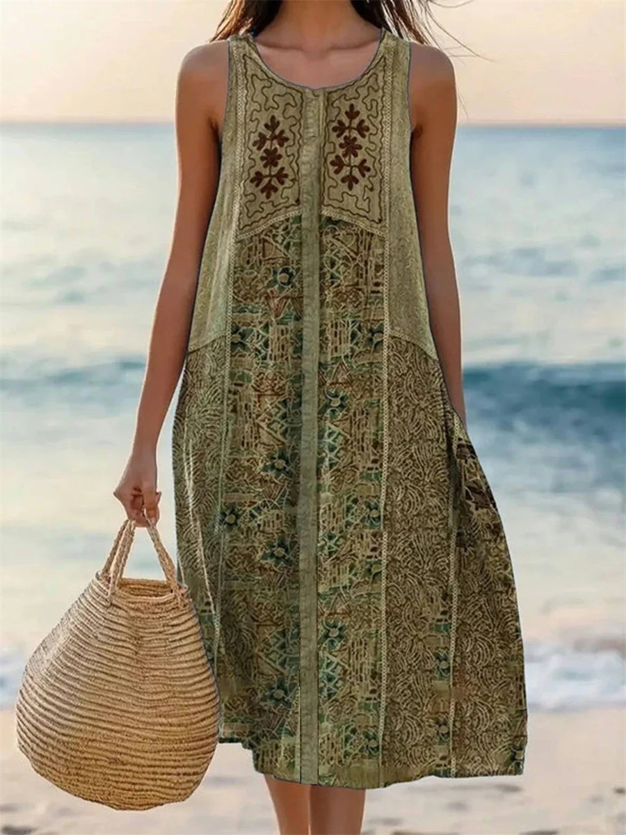 LilyWish Green Ethnic Print Round Neck Sleeveless Midi Dress
