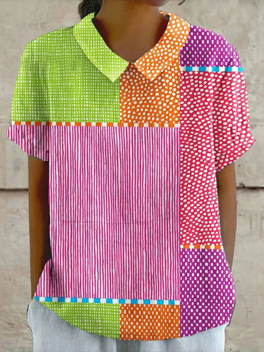 LilyWish Vintage Colour Block Short Sleeve Blouse