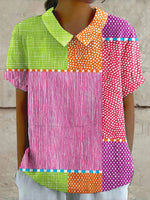 LilyWish Vintage Colour Block Short Sleeve Blouse