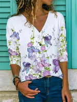 Women’s V-neck Long Sleeve Butterfly Floral Print Casual Loose Fit Top