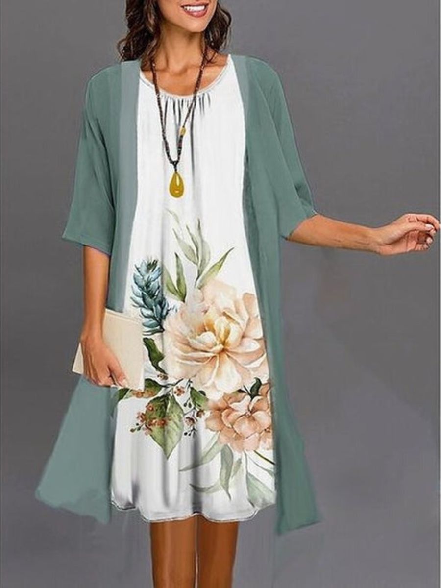 Green Casual Round Neck Floral Printed Daily Dress