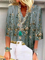 LilyWish Trendy Green Floral Print 3/4 Sleeve Top