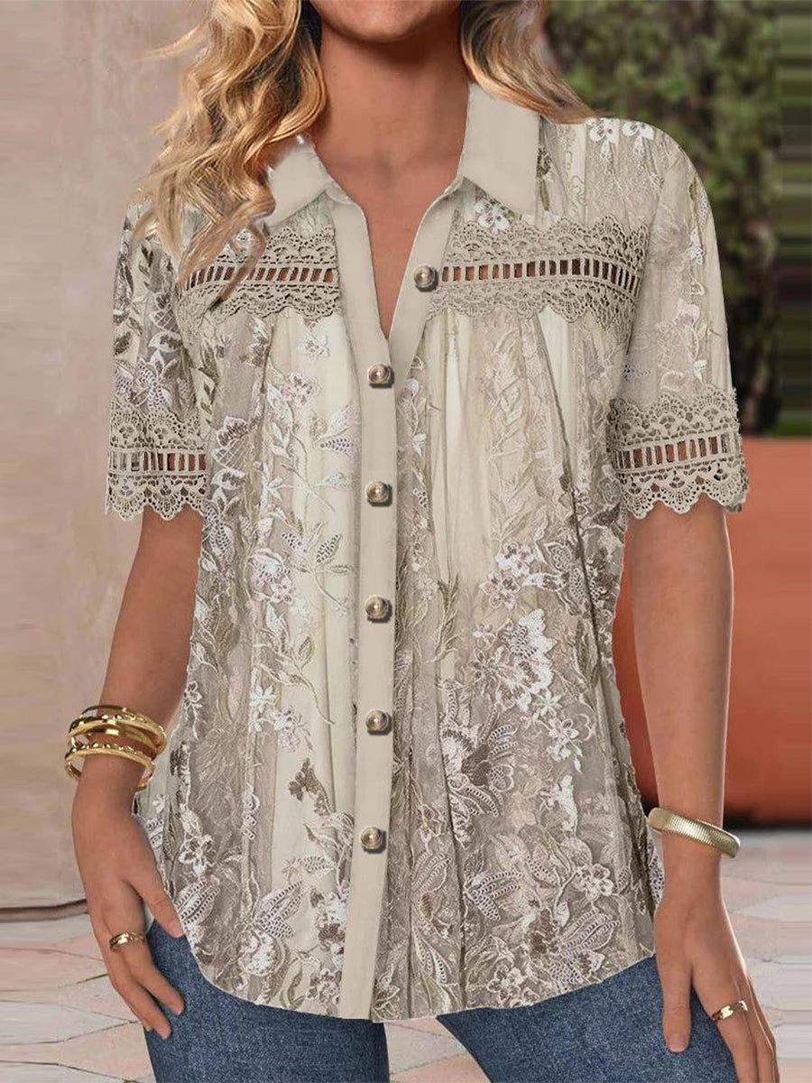 Women’s Floral Lace Trim Button Front Short Sleeve Collar Blouse