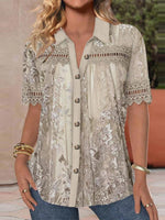 Women’s Floral Lace Trim Button Front Short Sleeve Collar Blouse