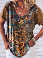 Khaki Casual V-neck Short Sleeve Geometric Printed Blouse