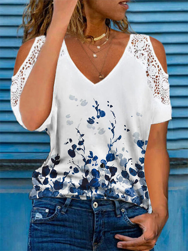 White Casual V-neck Short Sleeve Floral Printed Blouse