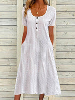 Plain Crew Neck Short Sleeve Comfy Casual Buckle Maxi Dress