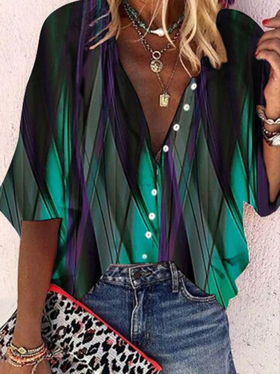 LilyWish Vintage Gradient Buttoned V Neck Blouse